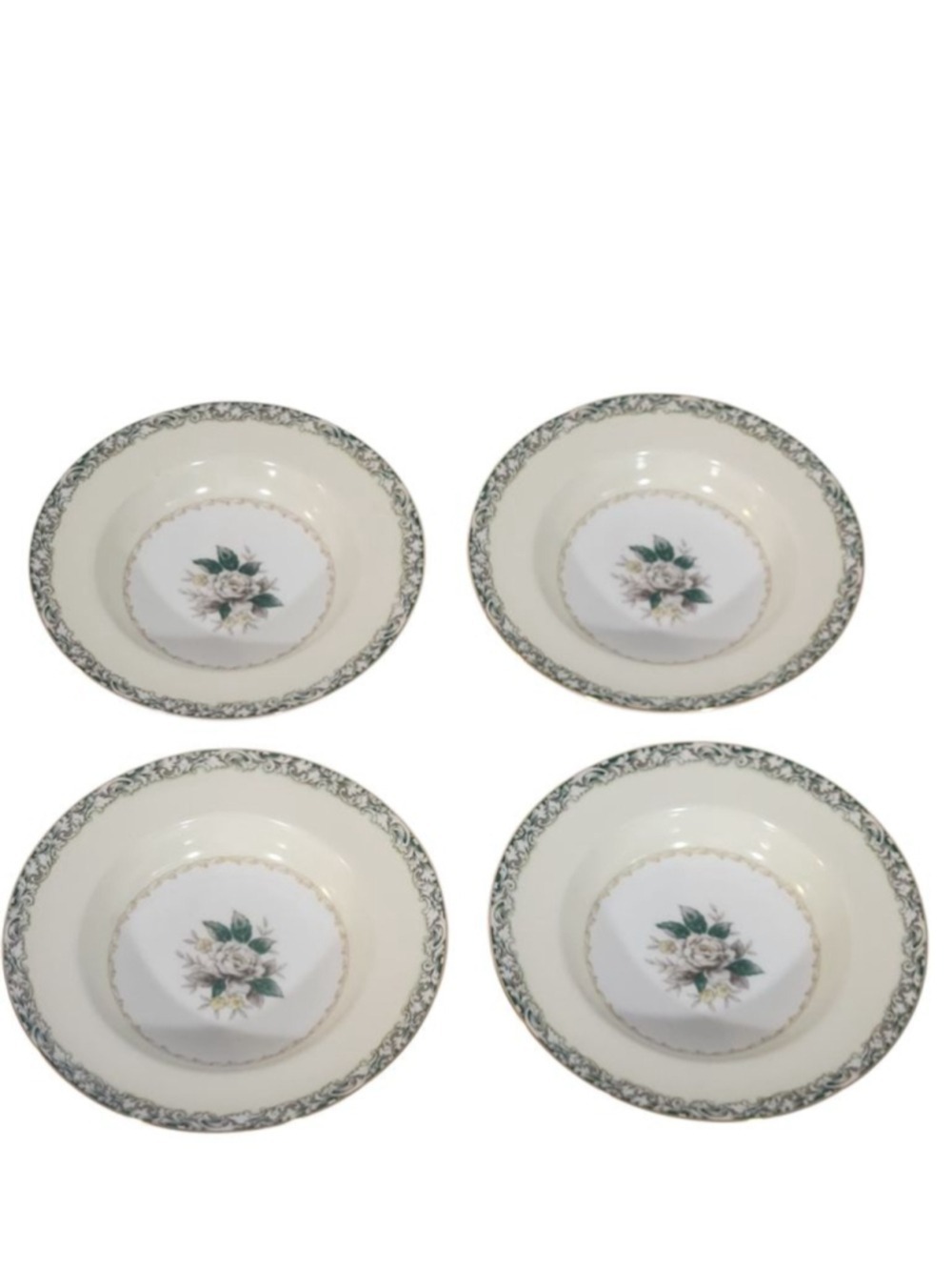 Set of 4 Noritake China "Mystery #14" 8" Rimmed Soup Bowls - White Rose Floral